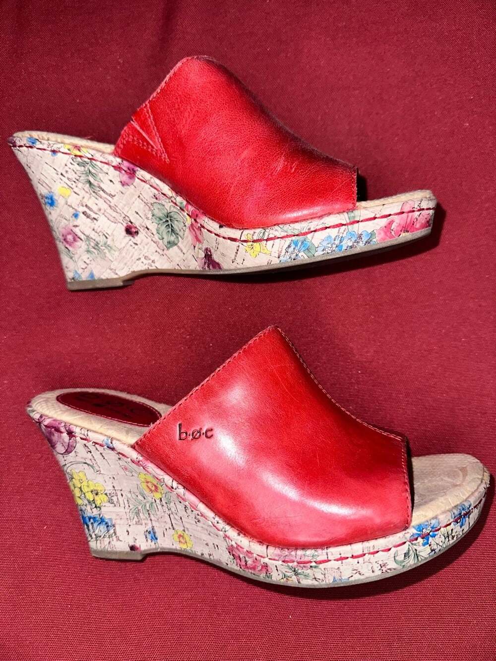 No.53 B.O.C Red Leather Floral Cork Platform Wedge Sandals - Picture 2 of 8